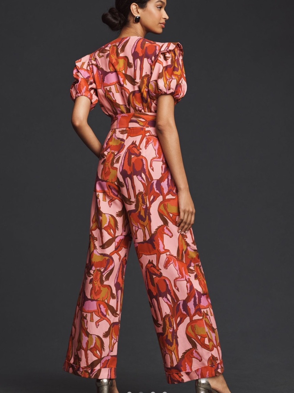 FARM Rio Pink Multicolor Horse-Print Puff-Sleeve Belted Jumpsuit - Picture 2 of 10
